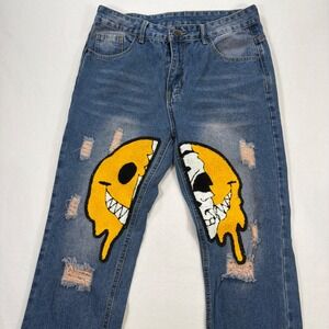 Melting Smiley Face Skull Mens 32 Jeans Denim Distressed Face Patch Streetware